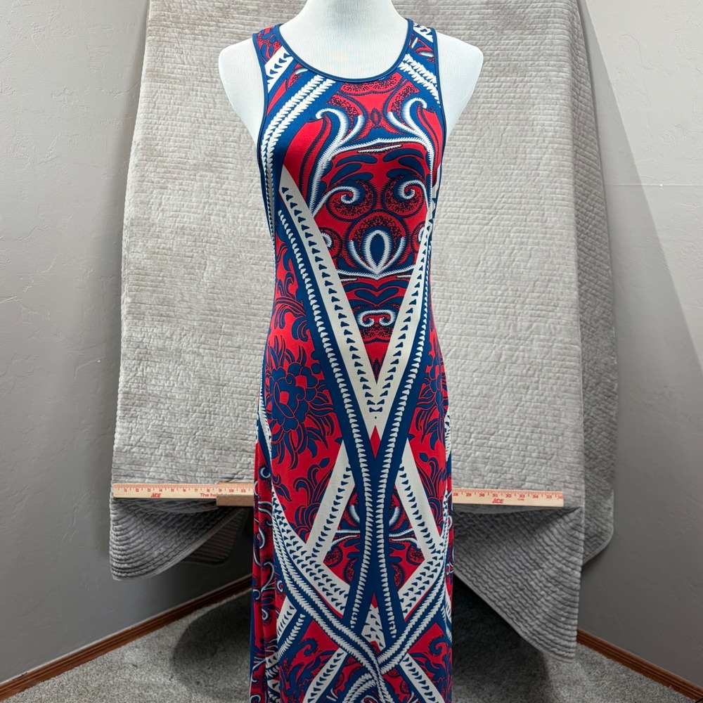 Bisou Bisou Michele Bohbot Red Blue Geometric Floral Maxi Dress Sz 6 Sleeveless